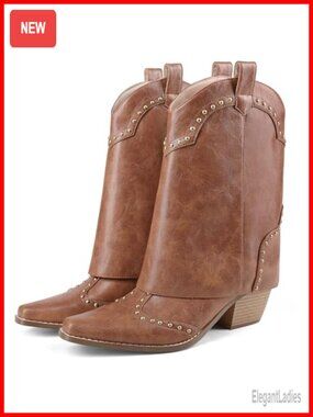 Faux Leather Snip Toe Ankle Cowboy Boots Chunky Block Heel Pull On Western